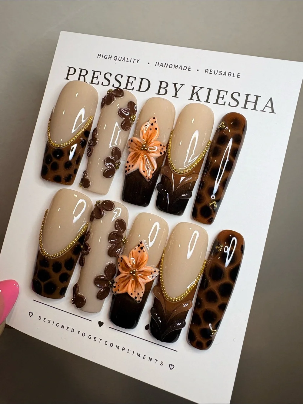 Beige & Brown Floral Press-On Nail Set